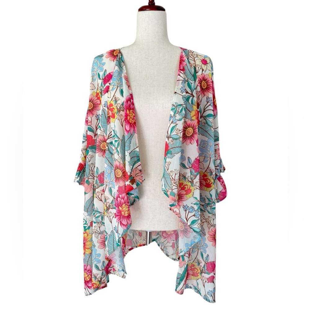 Umgee Spring Summer Floral Open Front Kimono Cardigan Topper Size Medium
